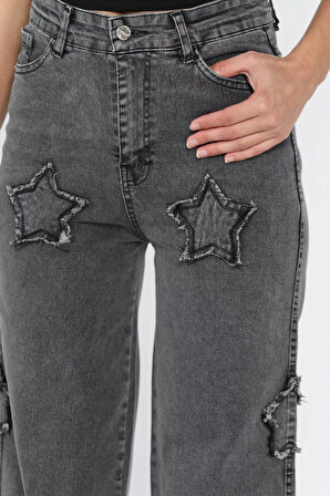 Kadın Yüksek Bel Yıldız Figürlü Likralı Palazzo Jean Kot Pantolon