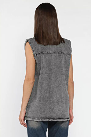 Kadın Çift Cepli Taş İşlemeli Jean Kot Yelek