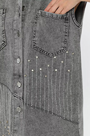 Kadın Çift Cepli Taş İşlemeli Jean Kot Yelek