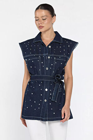 Kadın Zımba Detaylı Bel Kuşaklı Çift Cepli Jean Kot Yelek