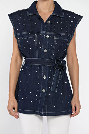 Kadın Zımba Detaylı Bel Kuşaklı Çift Cepli Jean Kot Yelek