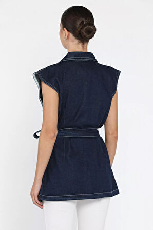 Kadın Zımba Detaylı Bel Kuşaklı Çift Cepli Jean Kot Yelek