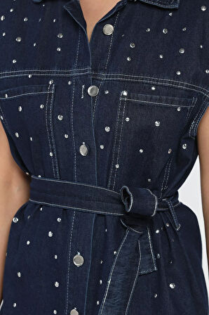 Kadın Zımba Detaylı Bel Kuşaklı Çift Cepli Jean Kot Yelek