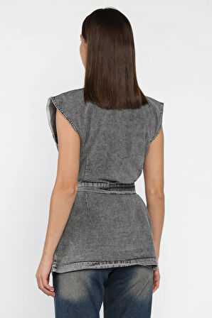 Kadın Zımba Detaylı Bel Kuşaklı Çift Cepli Jean Kot Yelek