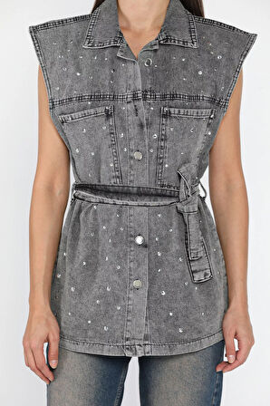 Kadın Zımba Detaylı Bel Kuşaklı Çift Cepli Jean Kot Yelek