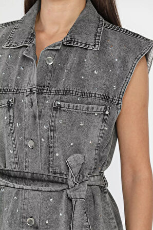 Kadın Zımba Detaylı Bel Kuşaklı Çift Cepli Jean Kot Yelek