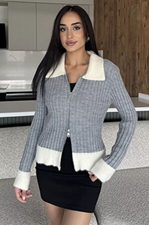 Gömlek Yaka Fermuarlı Triko Hırka