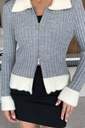 Gömlek Yaka Fermuarlı Triko Hırka