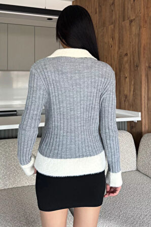 Gömlek Yaka Fermuarlı Triko Hırka