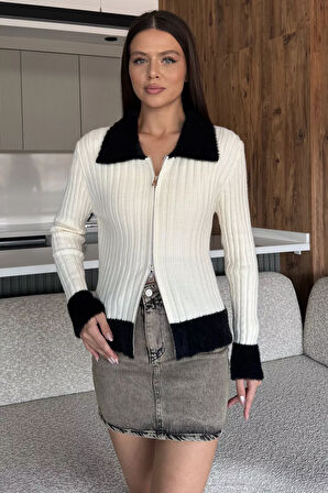 Gömlek Yaka Fermuarlı Triko Hırka