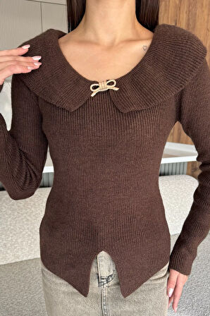 Ön Broşlu Bel Yırtmaçlı Triko Bluz(s,m,l Uyumludur)