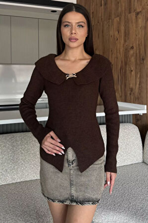 Ön Broşlu Bel Yırtmaçlı Triko Bluz(s,m,l Uyumludur)