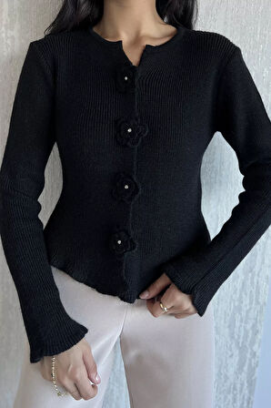 Çiçek Düğme Detaylı Triko Hırka (s,m,l Uyumludur)