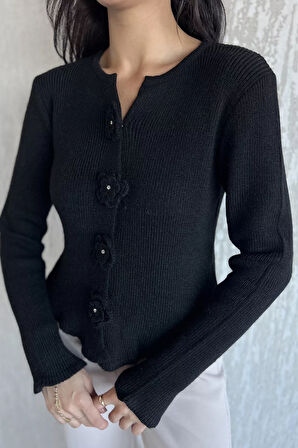 Çiçek Düğme Detaylı Triko Hırka (s,m,l Uyumludur)