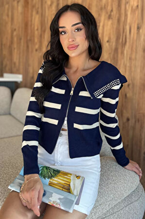 Yaka Detaylı Çizgili Triko Hırka (s,m,l Uyumludur)