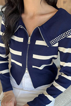 Yaka Detaylı Çizgili Triko Hırka (s,m,l Uyumludur)