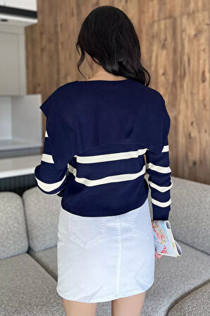 Yaka Detaylı Çizgili Triko Hırka (s,m,l Uyumludur)