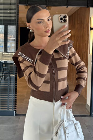 Yaka Detaylı Çizgili Triko Hırka (s,m,l Uyumludur)