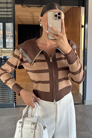 Yaka Detaylı Çizgili Triko Hırka (s,m,l Uyumludur)