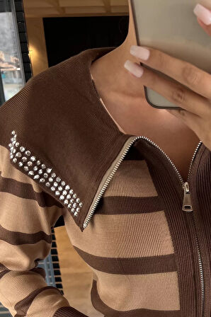 Yaka Detaylı Çizgili Triko Hırka (s,m,l Uyumludur)