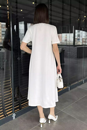 Bisiklet Yaka Taş Detaylı Cepli Kadın Kısa Kol Elbise