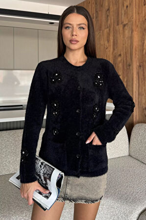 Kadın Pul İşlemeli Yumoş İplik Triko Ceket