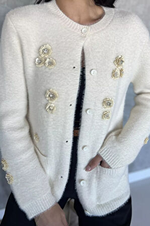 Kadın Pul İşlemeli Yumoş İplik Triko Ceket