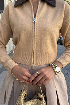 Kadın Polo Yaka Deri Garnili Fermuarlı Triko Hırka (s-m-l Beden Uyumludur.)