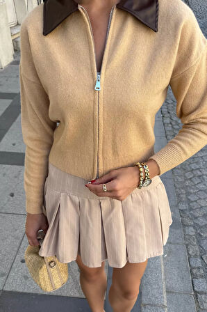 Kadın Polo Yaka Deri Garnili Fermuarlı Triko Hırka (s-m-l Beden Uyumludur.)