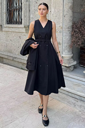 Kadın Trenç Kumaş Ceket Elbise İkili Takım