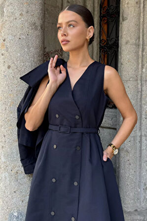 Kadın Trenç Kumaş Ceket Elbise İkili Takım