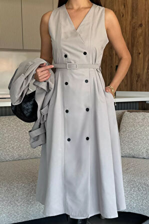 Kadın Trenç Kumaş Ceket Elbise İkili Takım