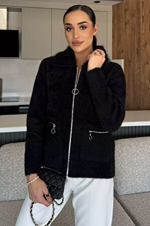 Kadın Peluş Yaka Çift Cepli Yumoş Triko Ceket