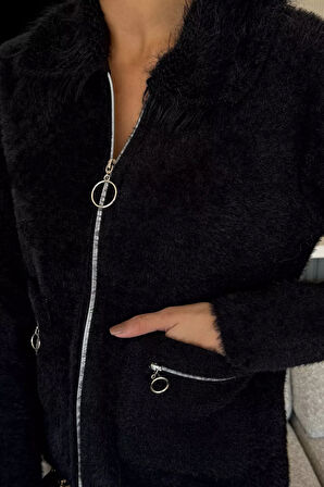 Kadın Peluş Yaka Çift Cepli Yumoş Triko Ceket