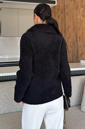 Kadın Peluş Yaka Çift Cepli Yumoş Triko Ceket