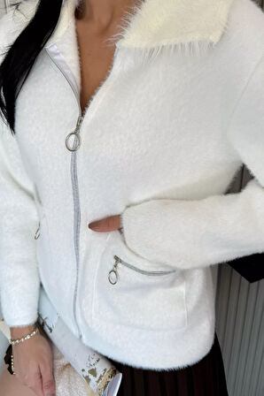 Kadın Peluş Yaka Çift Cepli Yumoş Triko Ceket