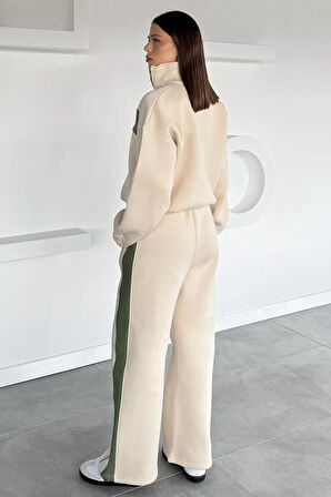 Üç İplik Şardonlu Renk Garnili Palazzo Eşofman Takımı