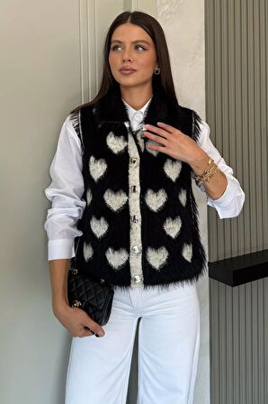 Sakallı Kalpli Kadın Triko Yelek (s-m-l Uyumludur)