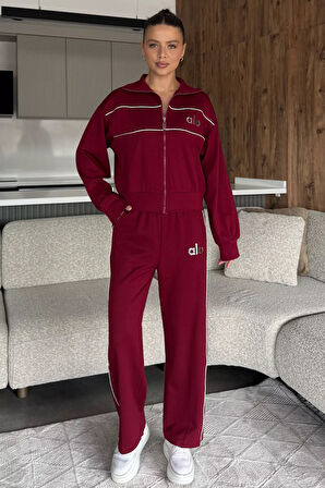 Kadın Şeritli Bel Lastikli Palazzo Pantolon Fermuarlı Sweat İkili Takım