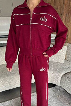 Kadın Şeritli Bel Lastikli Palazzo Pantolon Fermuarlı Sweat İkili Takım