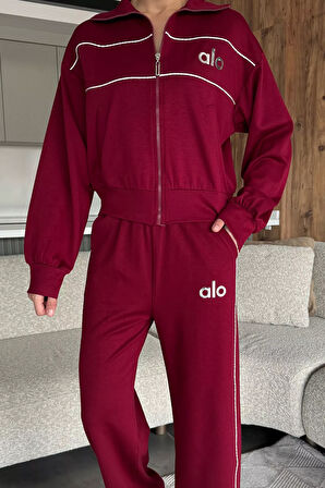 Kadın Şeritli Bel Lastikli Palazzo Pantolon Fermuarlı Sweat İkili Takım