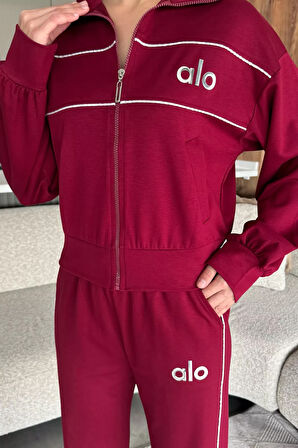 Kadın Şeritli Bel Lastikli Palazzo Pantolon Fermuarlı Sweat İkili Takım