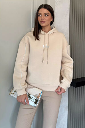 Kadın Kapüşonlu Baskılı Şardonlu Sweatshirt