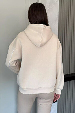 Kadın Kapüşonlu Baskılı Şardonlu Sweatshirt