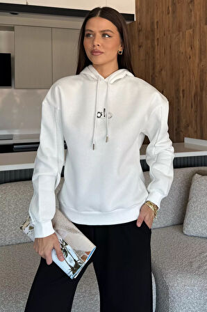 Kadın Kapüşonlu Baskılı Şardonlu Sweatshirt