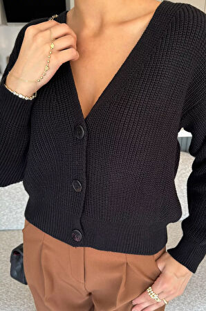 V Yaka Ön Düğmeli Kadın Örme Triko Hırka