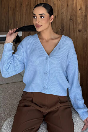 V Yaka Ön Düğmeli Kadın Örme Triko Hırka