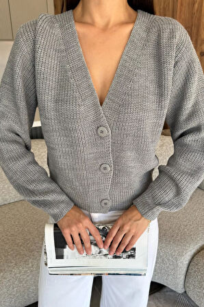 V Yaka Ön Düğmeli Kadın Örme Triko Hırka