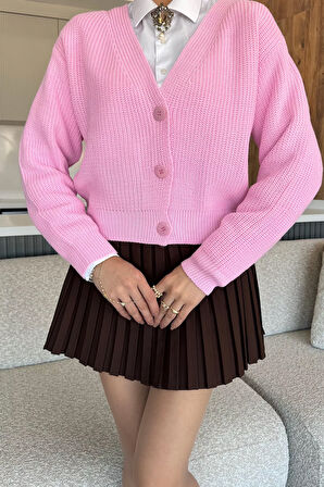 V Yaka Ön Düğmeli Kadın Örme Triko Hırka