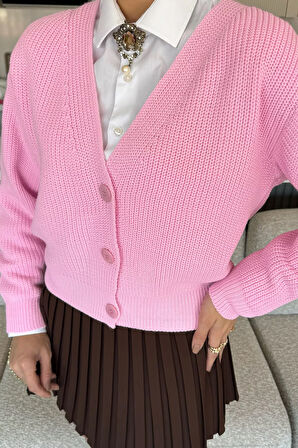 V Yaka Ön Düğmeli Kadın Örme Triko Hırka